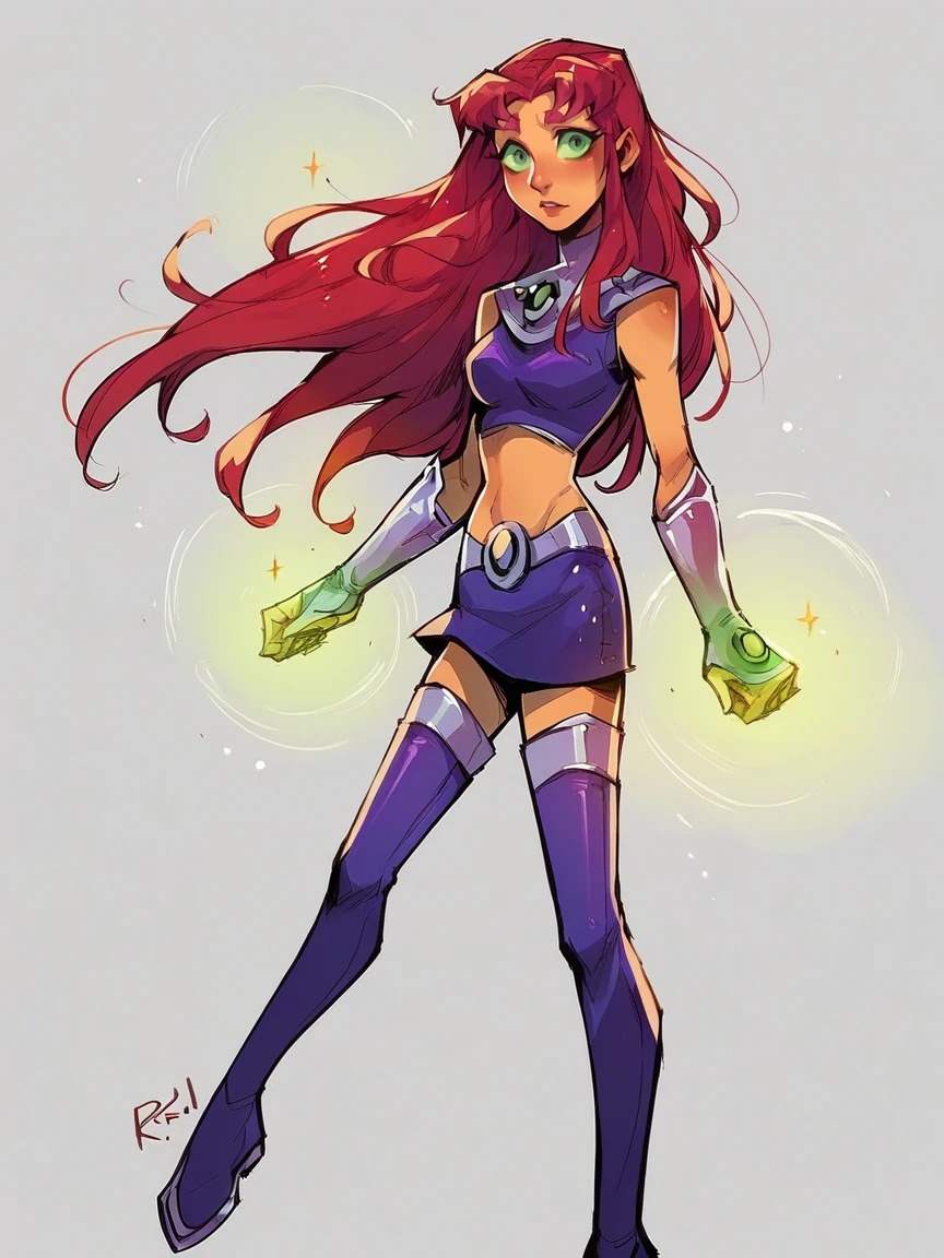 score_9, score_8_up, score_7_up, score_6_up, score_5_up,  <lora:StarfireXLPv2:1> starfire, 1girl, long hair, red hair, green eyes, solo, midriff, skirt, thighhighs, orange skin, thigh boots, gloves