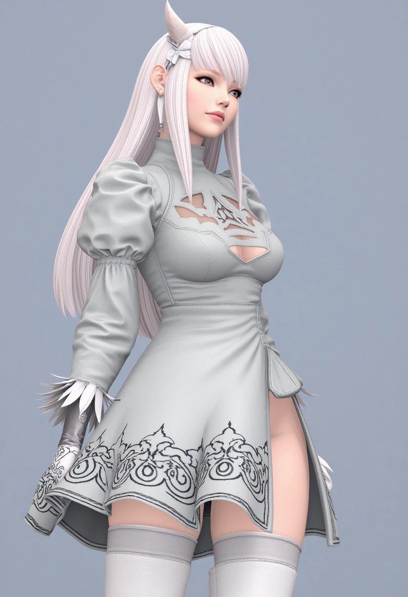 2bxiv,  1girl, solo, thighhighs, cosplay, dress, horns, thigh boots, boots, white hair, long hair, cleavage cutout, clothing cutout, puffy sleeves, thighhighs under boots, blunt bangs, feather-trimmed sleeves, juliet sleeves, white footwear,