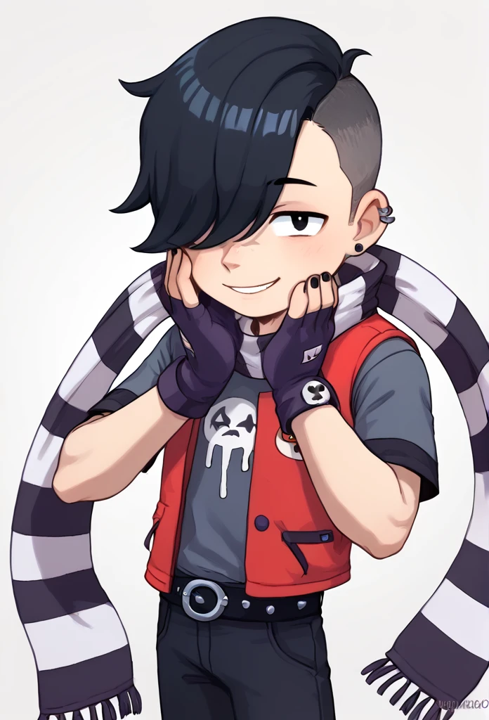 score_9, score_8_up, score_7_up, BREAK,  <lora:bsedgar:1>bsedgar    , 1boy , red vest , short hair , black hair, hair over one eye, ear piercing, solo,striped scarf  grey shirt,  short sleeves, belt , black pants ,black gloves,  looking at viewer,   fingerless gloves, black nails,  <lora:PossumMachine:1>posmach , smile , hands on own face,