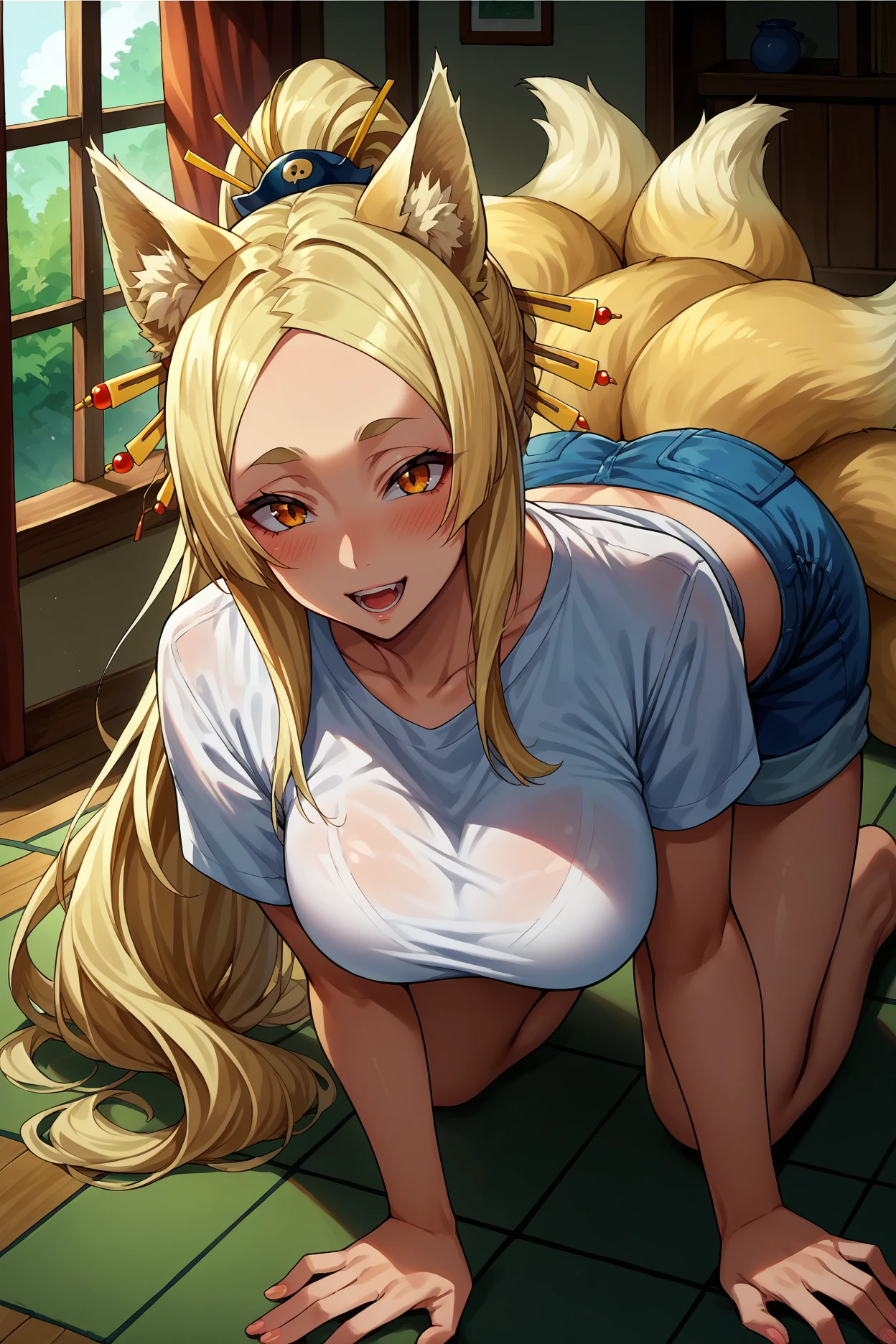 score_9, score_8_up, score_7_up, score_6_up, source_anime, 1girl, solo <lora:yasaka-pdxl-nvwls-v1-000005:1> yasaka, blonde hair, ponytail, amber eyes, hair ornament, fox ears, large breasts, multiple tails, white t-shirt, tied shirt, denim shorts, all fours, on floor, indoors, house, open mouth, blush, happy, looking at you