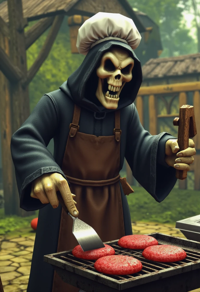 conkerlr. The grim reaper wearing a chef's hat and apron, wielding a spatula, grilling burgers on a barbecue outside.   <lora:Conker_Live__Reloaded_Style_F1D:0.8>