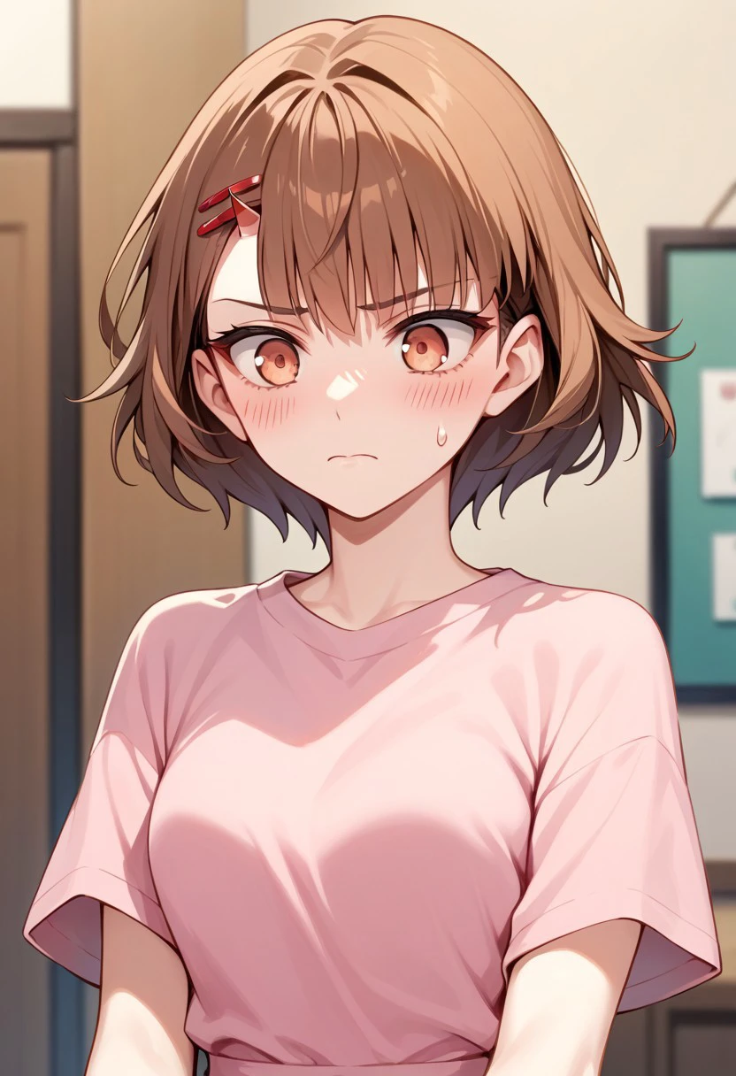 score_9,score_8_up,score_7_up,source_anime, Androssi Zahard,1girl,solo,blush,hair ornament,closed mouth,upper body,hairclip,sweatdrop,meme,pink shirt,