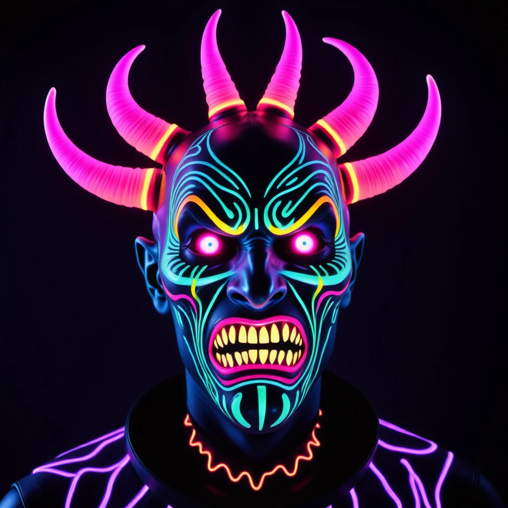 fluorescent monster, closeup of a glowing vampire with many horns, vibrant colors