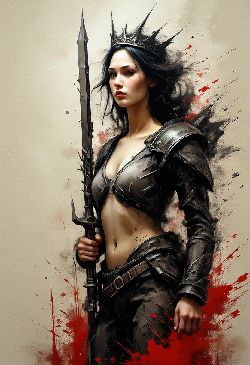 The wrath of the Norse, fantasy image, winter, harsh landscape, 1woman warrior aged 40+ covered in blood (blood 1.6) attacking with axe, mix4, (full body image),(8k, RAW photo, best quality, masterpiece: 1.45), (realistic, photorealistic: 1.37), snow, professional lighting, photons mapping, radiosity, physically based rendering, gradient black hair, gray hair, short curly hair, braided hair, handsome, armor, pale skin, top quality photo, high res, 1080p, (clear face), (detailed face description), (detailed hand description), (masterpiece), (exquisite CG), extreme light and shadow, disheveled hair, master work, rich details, (fine facial features), (highest quality photo), (masterpiece), (detailed eyes), look in front of you eyes, fine clavicle, dark, mystical scandinavian (misty 1.9), dark, moody, stylized, white background with one color ink stains, art by Alternity77,
