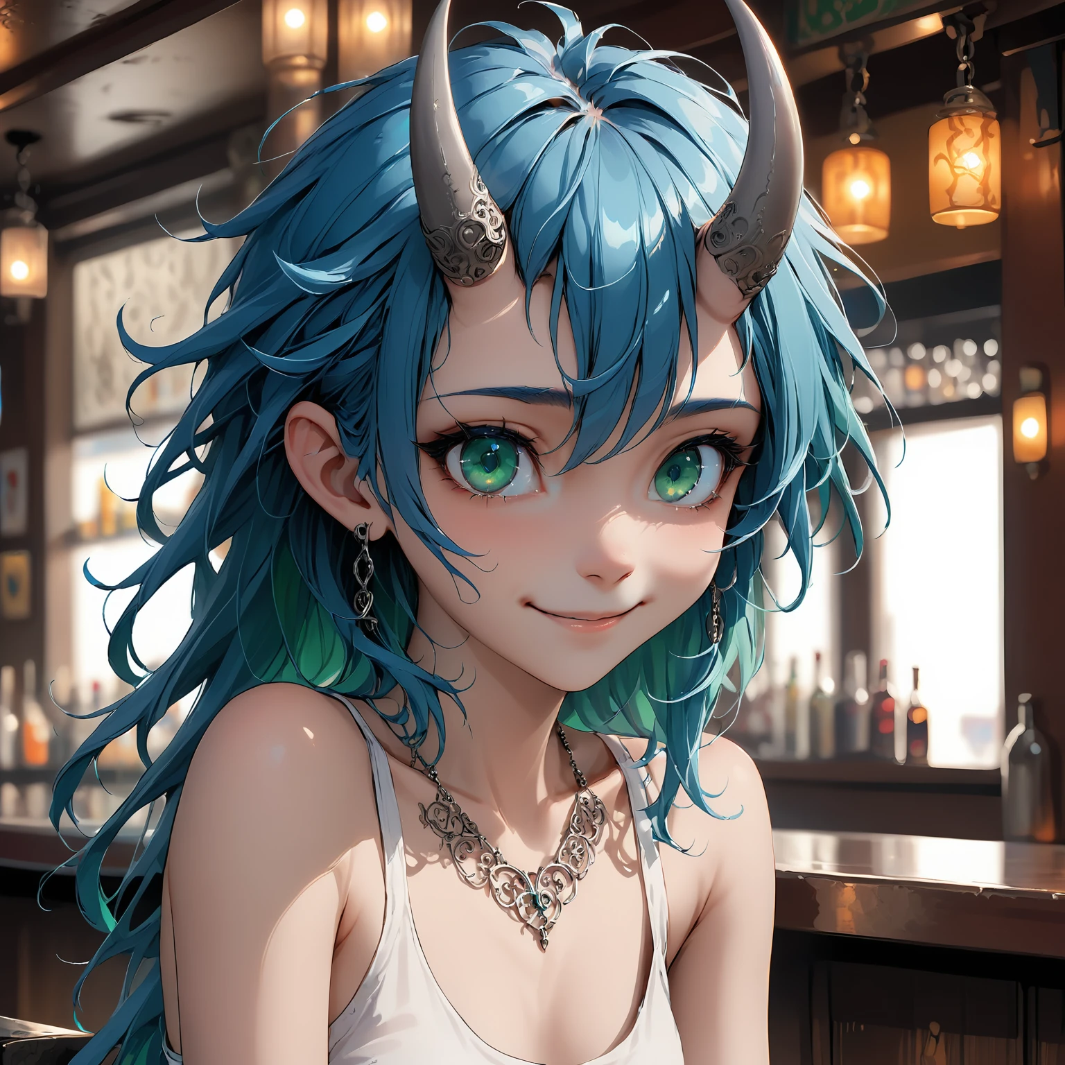 <lora:TzigoOniHornsXL:0.7>, a beautiful blue haired girl with TzigoOniHorns, long messy blue hair, beautiful detailed deep green eyes, shy smile, small breasts, white tank top, upper body view, in a bar, filigree silver earrings, filigree silver necklace,