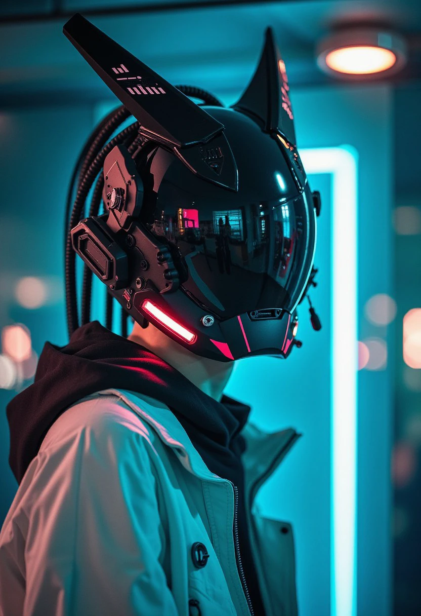 cyberpunk helmet techwear,techwear white jacket,japanese akihabara background with glow environment,dark environment,hand in camera,vintage