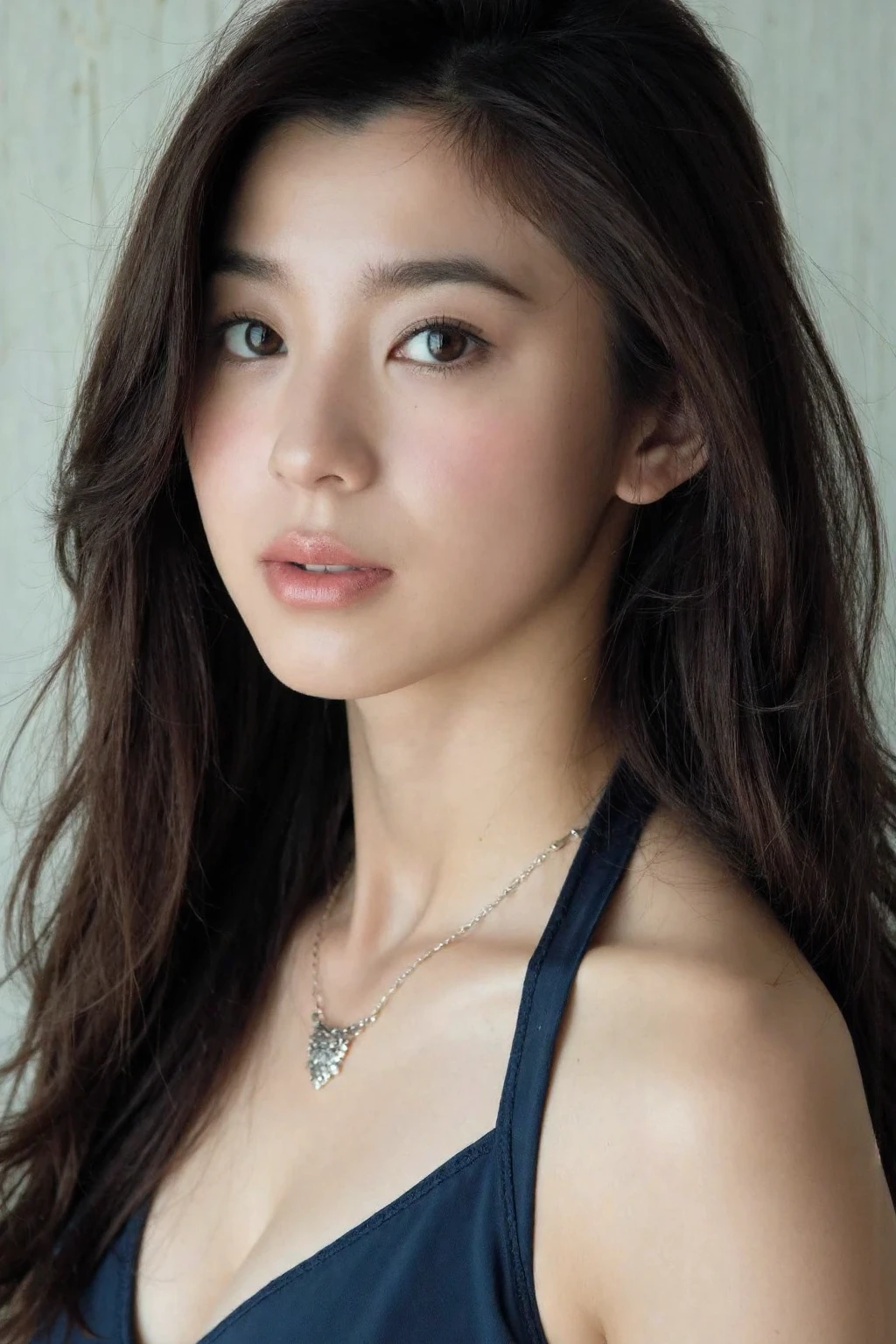 (medium full shot), beautiful korean girl with long hair wearing halter dress, necklace, dslr, soft lighting, high quality, film grain, light reflections, blood vessels, pale skin, skin pores,blood vessels in sclera, detailed skin, beauty spots, skin fuzz, <lora:flux_realism_lora:1>,  <lora:makinaflux_asahinaaya_v1.1:1>