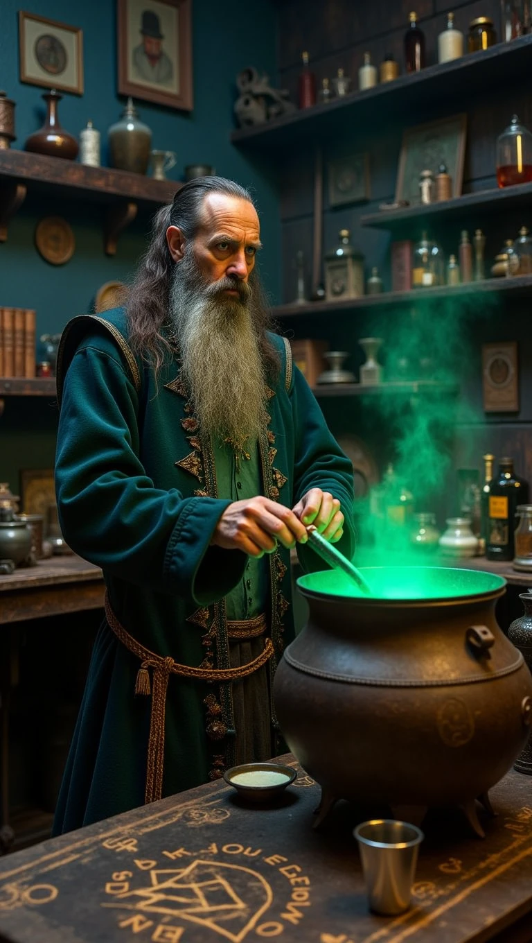A medieval alchemist, with a long, flowing beard and deep-set, intense eyes, carefully mixes potions in a dimly lit, cluttered laboratory. The room is filled with ancient tomes, mysterious ingredients, and strange symbols drawn on the floor. The alchemistâs expression is one of deep concentration as he stirs a bubbling cauldron that emits a faint green glow. The style is mysterious and arcane, highlighting the alchemistâs pursuit of forbidden knowledge in the dark, mystical setting
<lora:photo-enhancer10:0.7>