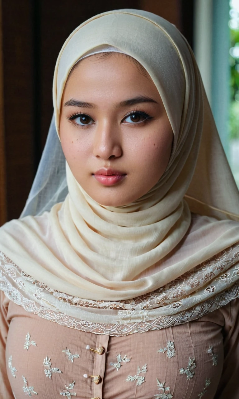 cinematic still full body photo of a beautiful Indonesian busty girl 21yo, round faced shape, fair skin, barefaced, acne faced, black eyes, sharp nose, thin lips, wearing long white hijab . emotional, harmonious, vignette, 4k epic detailed, shot on kodak, 35mm photo, sharp focus, high budget, cinemascope, moody, epic, gorgeous, film grain, grainy, full body photo of a beautiful Indonesian busty girl 21yo, round faced shape, fair skin, barefaced, acne faced, black eyes, sharp nose, thin lips, wearing long white hijab, elegant, highly detailed, delicate, sublime, dynamic, dramatic light, enhanced quality, intricate, innocent, extremely thoughtful, charming, confident, cute, attractive, pretty, illuminated