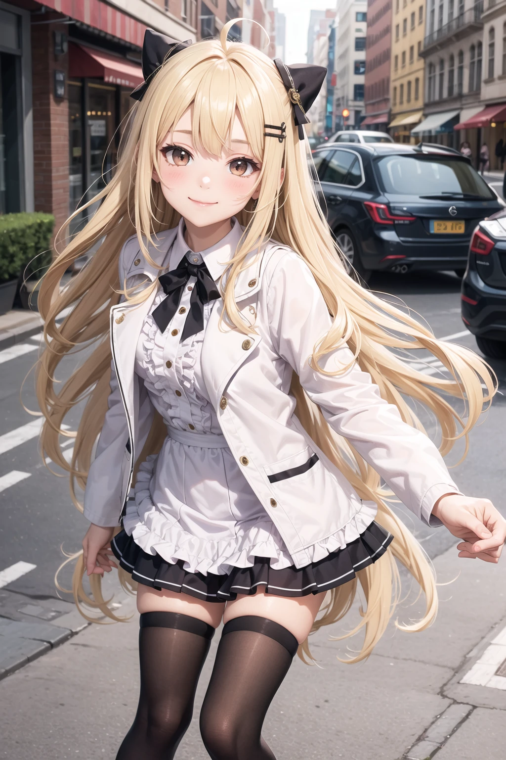 1girl, ahoge, black legwear, blonde hair,brown eyes, blush, brown legwear, closed mouth, dress,white frilled jacket, musical note hair ornament, long hair, long sleeves, looking at viewer, smile, thighhighs, street