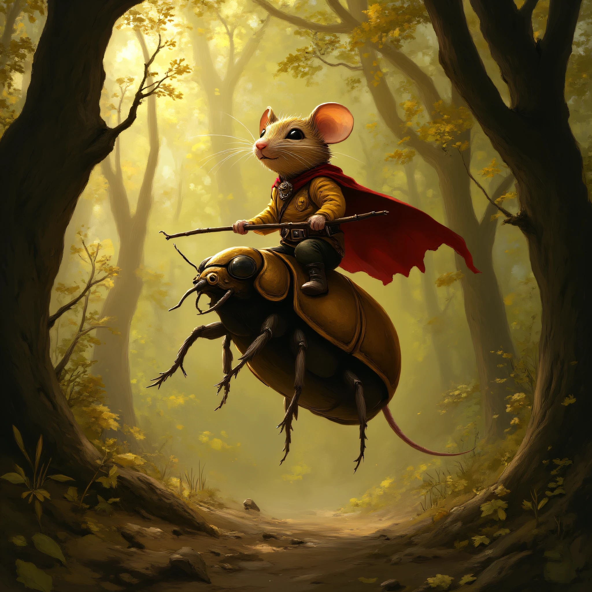 MazesAndMice, The image is a digital illustration of a mouse riding on top of a beetle in a forest. The mouse is wearing a yellow jacket black pants and a red cape and is holding a stick in its right hand. The beetle is brown and appears to be flying through the air. The background is filled with trees and foliage and the ground is covered in fallen leaves and twigs. The overall mood of the image is whimsical and magical., mouse, nature, tree, cape, riding, forest, animal, mouse ears, red cape, outdoors