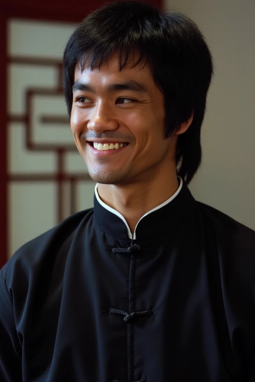 shaolinabbot_brucelee, a chinese shaolinabbot_brucelee man, brucelee, 1boy, male focus, ((solo)), black hair, dressed in traditional black Chinese martial arts attire, standing, (((portrait, close up, seen from up close))), smile, happy, <lora:ShoalinAbbot_BruceLee_ETD_Flux:0.6>