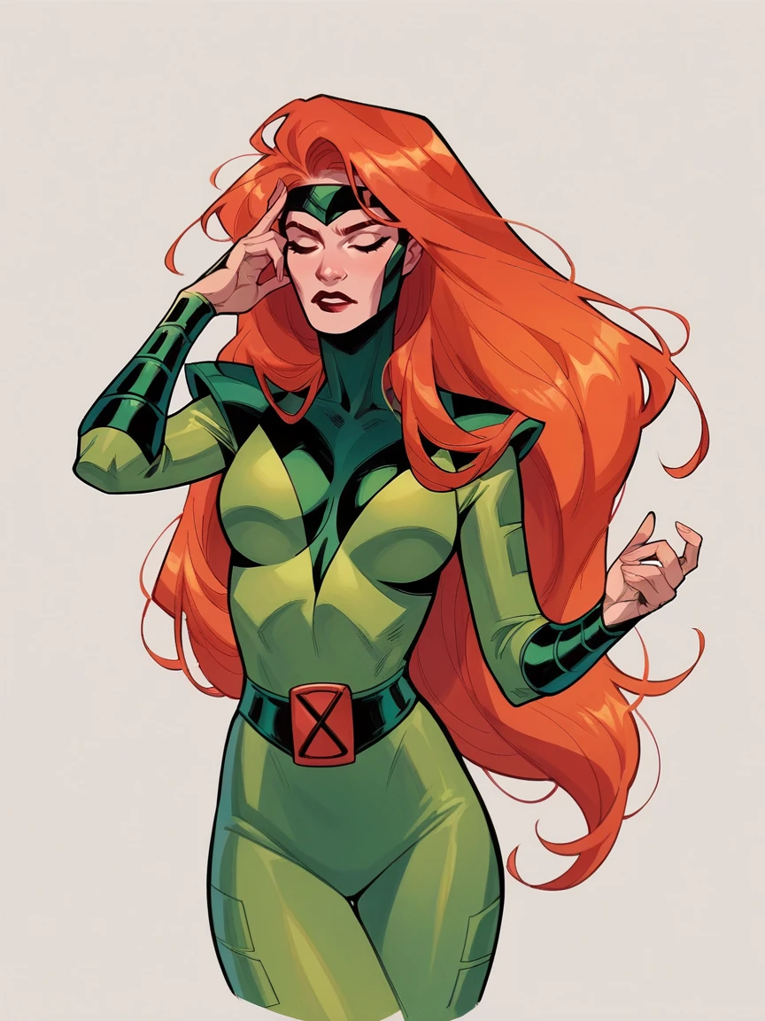 score_9, score_8_up, score_7_up, score_6_up, score_5_up,   <lora:JeanGreyXLP:1> jean grey, 1girl, long hair, orange hair, green bodysuit