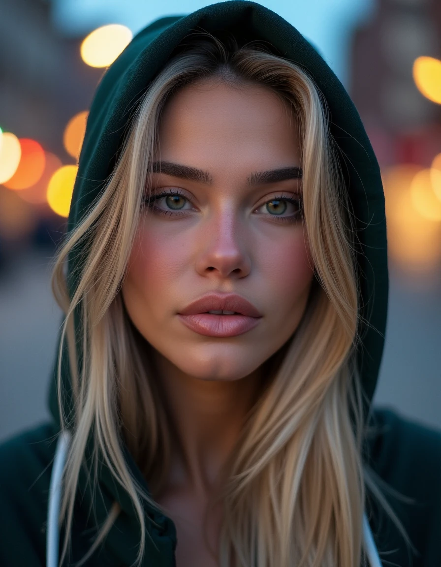 Al3x, wearing hoodie, parted lips, eyeliner, makeup, eyelashes, long hair, blonde hair, upper body, outdoors, bokeh lights, 8k, extremely detailed face <lora:Al3x-000001:1>