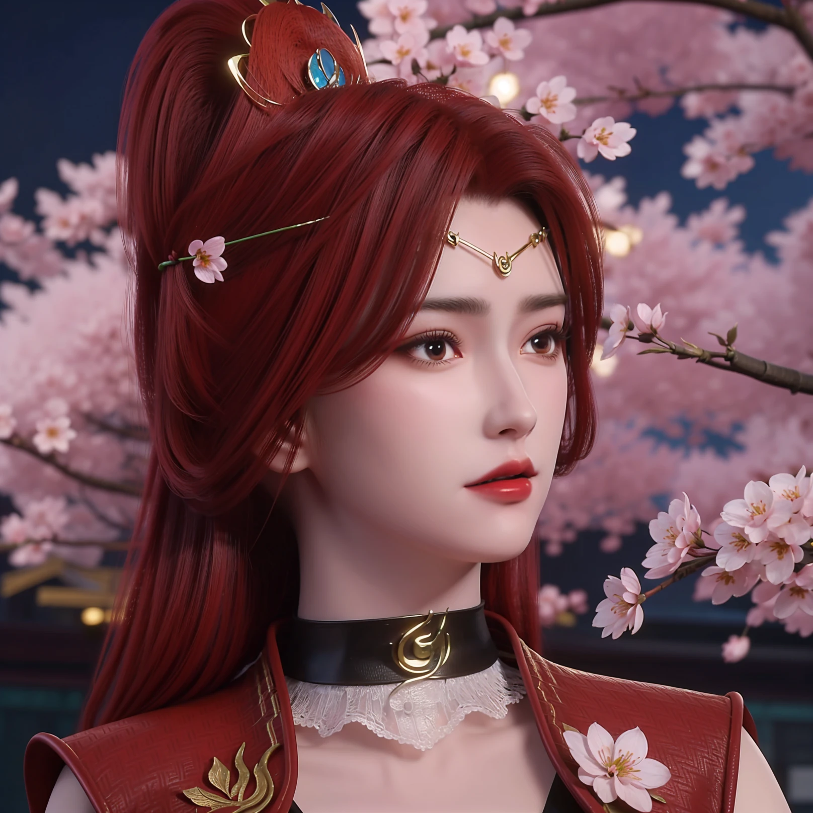 1girl,solo,red hair,ponytail,long hair,dress,hair ornament,frontlet,choker,scenery,((cherry blossoms)),flower,night,portrait,Highly detailed,(ultra-detailed),(best quality,masterpiece:1.5),<lora:tanghuoer:0.65>,