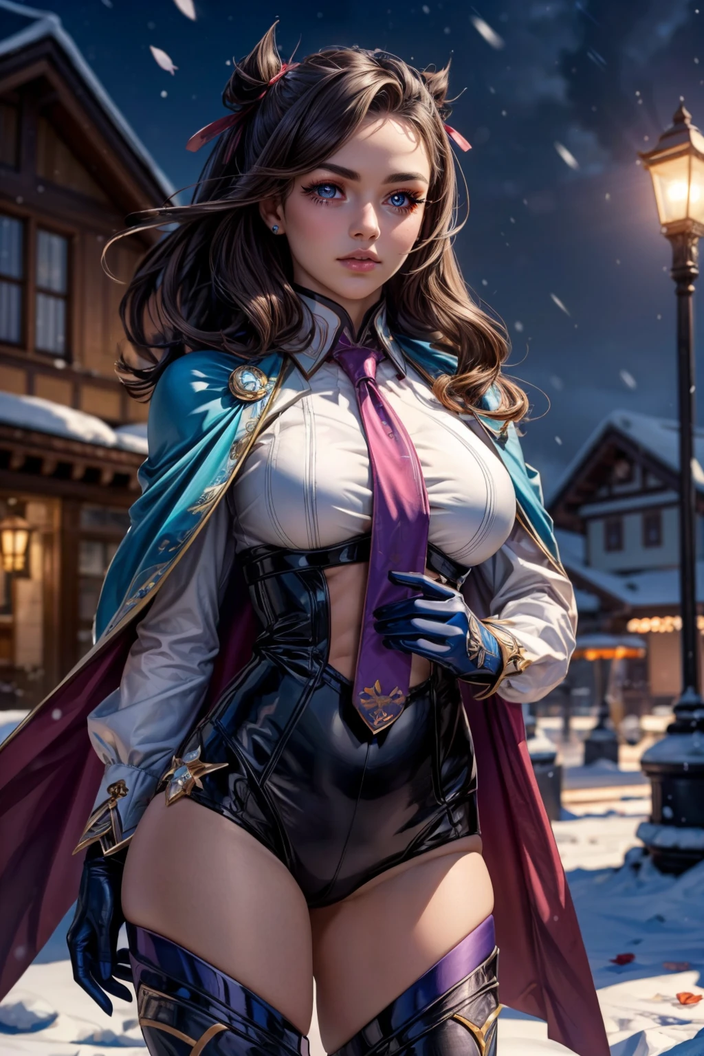 (ultra realistic,32k, masterpiece:1.2),(high detailed skin:1.1),( high quality:1.1), <lora:IllyasvielVonEinzbern_v1:0.7>, zzIllya, looking at viewer, night, outdoors, snowing, sky, BREAK,   <lora:MarnieEula:0.7>,  zzMarnie, aqua eyes, red ribbon,  genshin impact, thighhighs, gloves, (blue cape), white shirt, long sleeves, necktie, black gloves,  leotard, blue necktie,   BREAK,  blooming stars, luminescent petals, otherworldly fragrance blurry background, (looking at viewer, standing:1.1), huge breast, large breast, <lora:add_detail:0.92>, (glowwave:1.1),