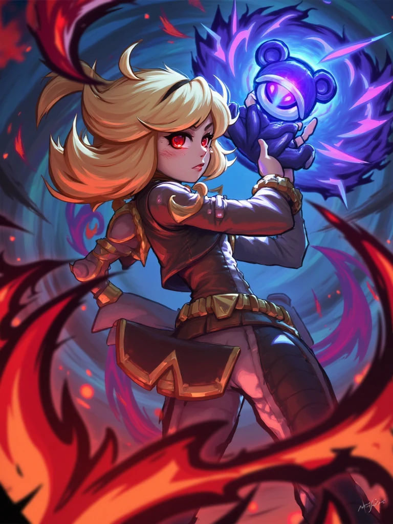 ((1girl, solo, chibi, large head, short)) masterpiece,best quality, highly detailed, pacifica northwest from gravity falls, 1girl, solo, cleavage, blonde hair, long hair, earrings, jewelry, makeup,, blue eyeshadow, boots, looking at viewer, blunt bangs, bangs, long hair, belt, hoop earrings, purple jacket, angry expression, clenching teeth, blushing blue eyes, ponytail,((skirt lift, pussy)), pencil skirt, standing, full body, brown boots,seen from below, dynamic angle , purple hairband, forest background, standing, campfire, flat chest