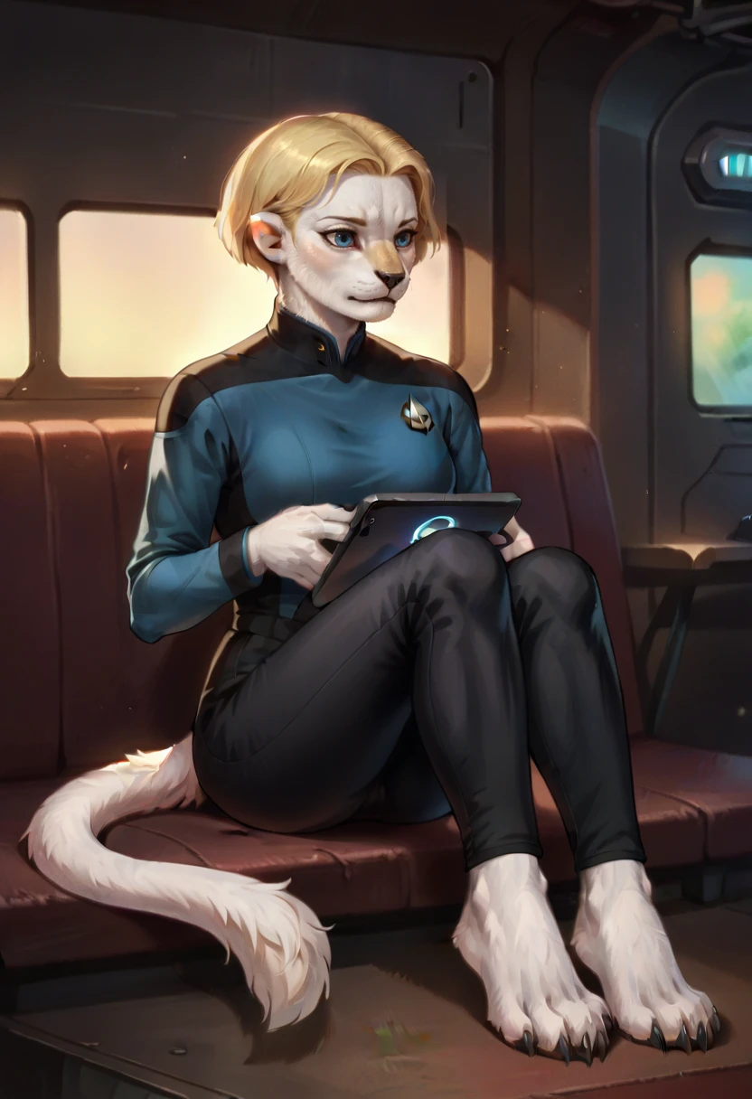 score_8_up, caitian, caitian female, solo, 1girl, white fur, blue eyes, full body, claws, barefoot, tail, tail tuft, blonde hair, short hair, starship interior, looking at white scifi tablet, holding white scifi tablet, sitting, sttng1,star trek blue uniform,black shoulders,black pants <lora:STTNGponyStrong:1> <lora:Caitian_V2-000007:0.7>