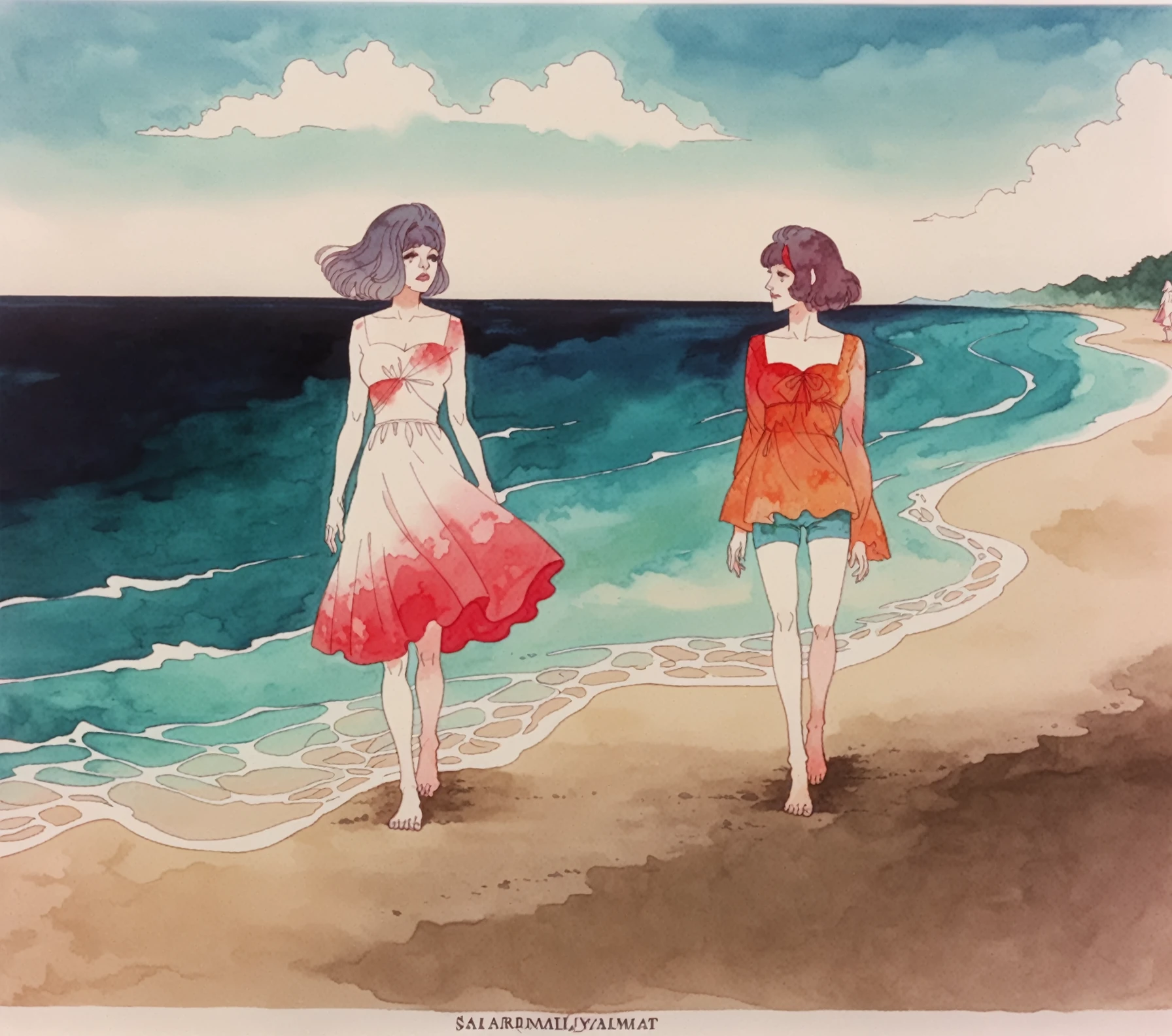 <lora:Belladonna_pony_v1:1>a frame from "Belladonna of Sadness \(1973\)", surrealist art piece, dreams,watercolor,  two woman walking on a beach, sailboats in the distance on the ocean, score_9, score_6_up, score_7_up