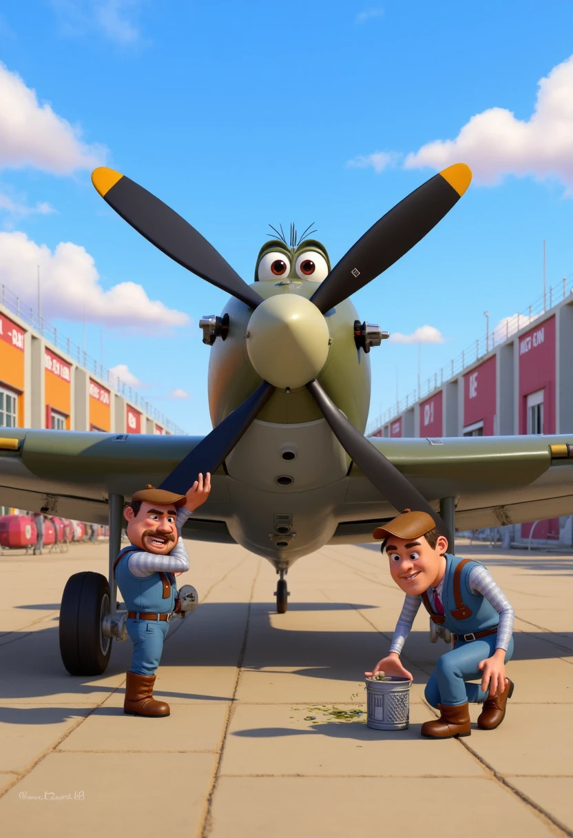 3 A comical scene at a World War II airbase, where a Pixar-style Spitfire is getting a routine maintenance check. The Spitfire, with exaggerated eyes and a playful smirk on its nose cone, looks impatient as the ground crew fumbles with oversized wrenches and oil cans. One mechanic is scratching his head while another spills a bucket of oil, making the Spitfire roll its eyes in mock frustration. The airfield is full of vibrant details, with colorful hangars and other aircraft in the background under a bright blue sky.