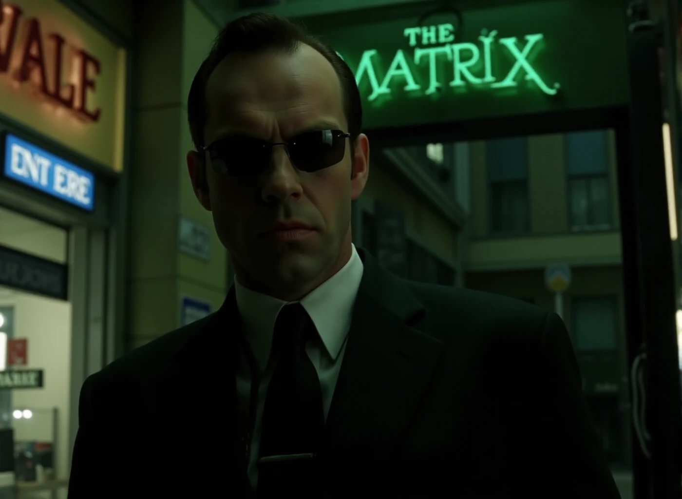 Smith wears a black suit and sunglasses and an earpiece. He stands at the entrance of a computer shop with a neon sign with the text "The Matrix" <lora:Smith:0.9>