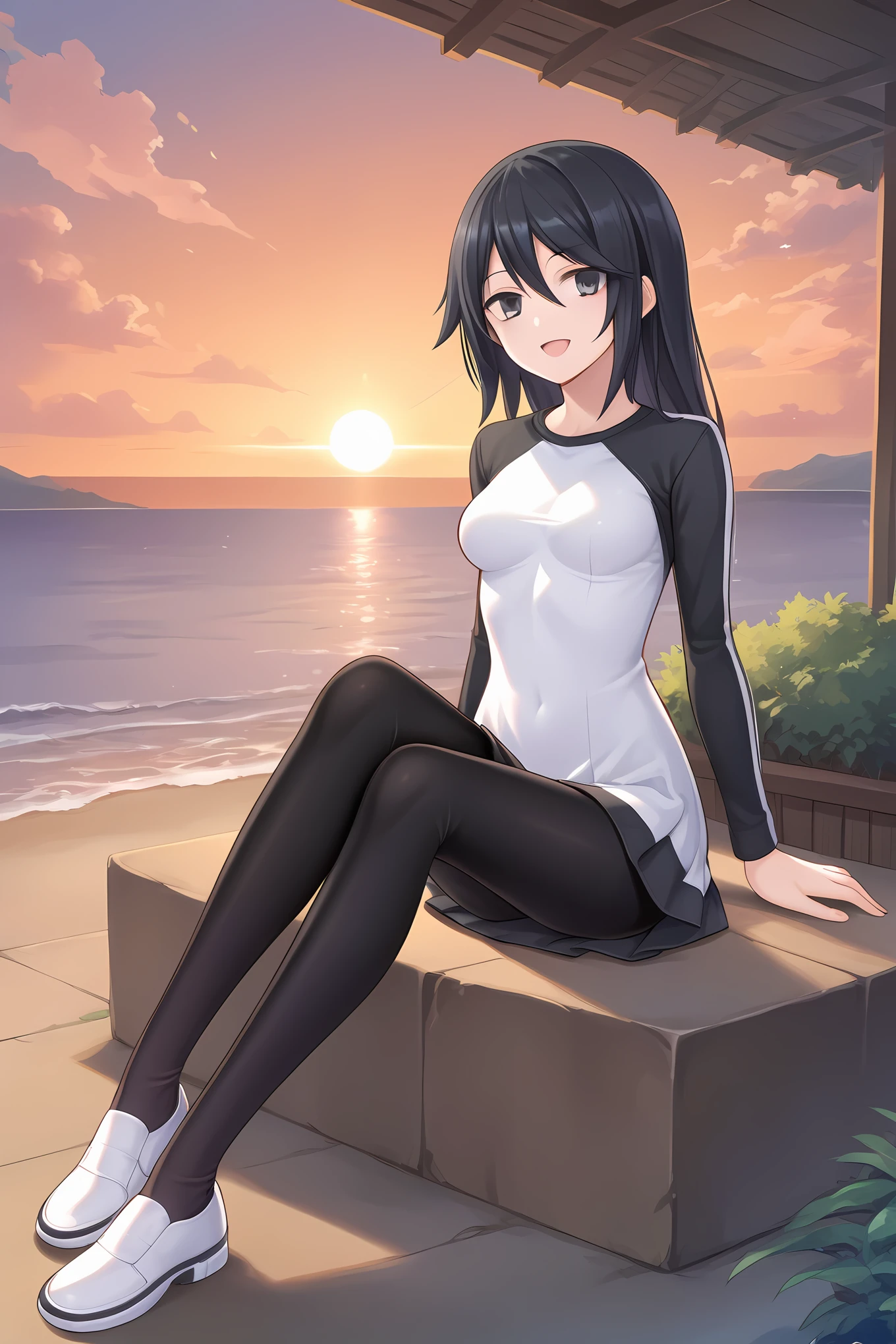 (white dress two-tone dress black sleeves raglan sleeves short dress black leggings white shoes), dsc-yuuko, black hair, medium breasts, 1girl, solo, skinny, score_9, score_8_up, score_7_up, score_6_up, score_5_up, source_anime, happy, sunset, (1.3::full body|sitting|standing|lying|0.6::close-up| :1.20), feet, <lora:dsc-yuuko-V01-000005:0.70>