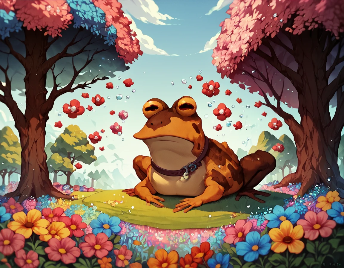 Score_9, score_8_up, score_7_up, score_6_up, score_5_up,
hypnotoad, <lora:ALL_GLORY_TO_THE_HYPNOTOAD:1>, bubble, flowers, tree