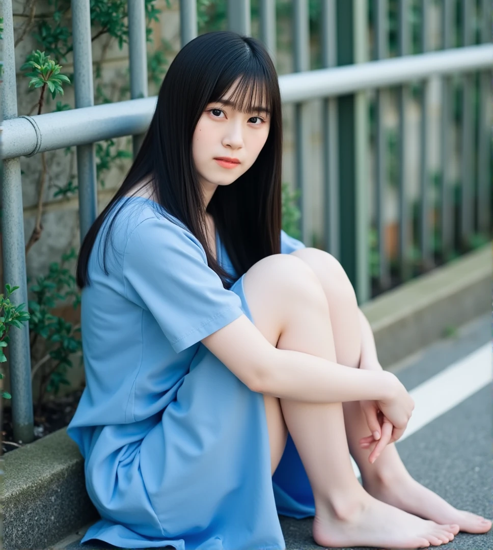 shizuki. The image is a portrait of a young woman with long dark hair and bangs, She sat on the ground. She was wearing a blue dress and is looking directly at the camera with a serious expression, Expose snow-white legs. bare feet, Foot forward. appears to be an outdoor setting with a metal fence and some plants. The lighting is soft and natural, creating a peaceful and serene atmosphere. The overall mood of the image is calm and contemplative. high-end photography works, Natural lighting, has got high contrast and sligh cool tones, photorealistic, (Beautiful hands, beautiful feet, Perfect fingers). 