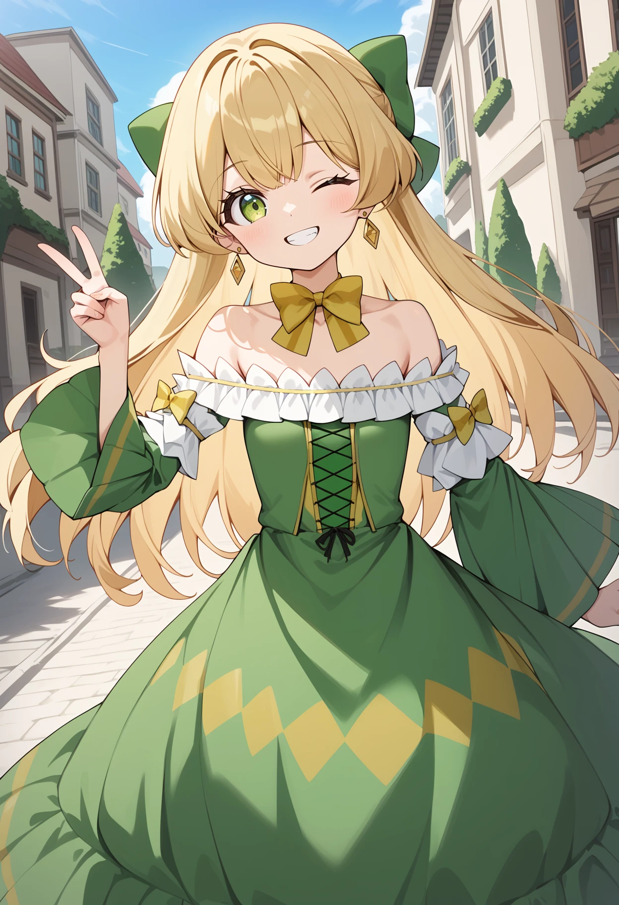 score_9, score_8_up, score_7_up, score_6_up, score_5_up, score_4_up, source_anime, aatelestia, long hair, blonde hair, hair bow, earrings, green eyes, small breasts, collarbone, bare shoulders, yellow bowtie, strapless, green dress, long sleeves, green sleeves, <lora:telestia_terra_esfort_ponyxl_v1:0.9>, peace sign, smile, one eye closed, outdoors