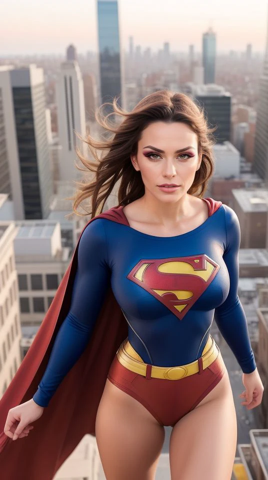 A powerful and heroic female version of Superman, wearing a sleek and modern suit with the iconic "S" emblem on her chest. She is flying high above a bustling cityscape, with her cape billowing in the wind. The scene is dynamic and inspiring, capturing her strength and determination as she protects the city below,  blond hair,<lora:topmodel_v2_epoch_1:1> makeup  <lora:DXMakeup:1>