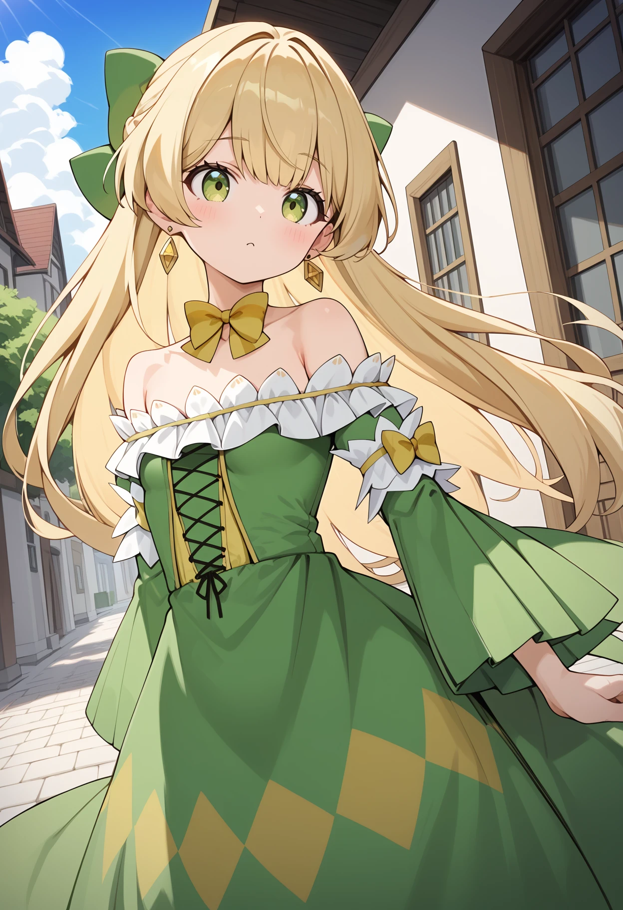 score_9, score_8_up, score_7_up, score_6_up, score_5_up, score_4_up, source_anime, aatelestia, long hair, blonde hair, hair bow, earrings, green eyes, small breasts, collarbone, bare shoulders, yellow bowtie, strapless, green dress, long sleeves, green sleeves, <lora:telestia_terra_esfort_ponyxl_v1:0.9>, standing, cowboy shot, outdoors,