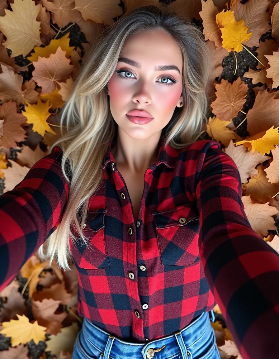 Al3x, wearing  buttoned up plaid shirt, jeans, parted lips, eyeliner, makeup, eyelashes, long hair, blonde hair, full body, taking selfie, lying on pile of leaves, 8k, extremely detailed face <lora:Al3x-000001:1>