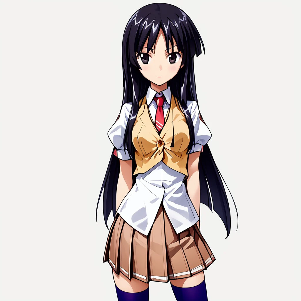 3nah1me, 1girl, solo, thighhighs, necktie, skirt, school uniform, seiza, black hair, black eyes,simple background, white background, <lora:d73a94d8-d621-43ad-a0df-a7200916478b:1.0>