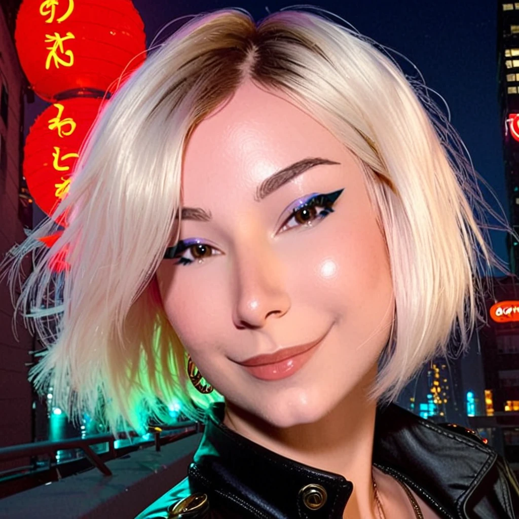 core_9, score_8_up, score_7_up, 

looking at viewer, closeup,

beautiful woman, short bob haircut, wearing a modern chic outfit, black leather jacket, white silk blouse, high-waisted jeans, urban rooftop setting, city skyline at dusk, neon lights in the background, wind blowing through her hair, confident posture, subtle smile, evening glow, stylish accessories, minimalist jewelry, modern city atmosphere, sleek and edgy look