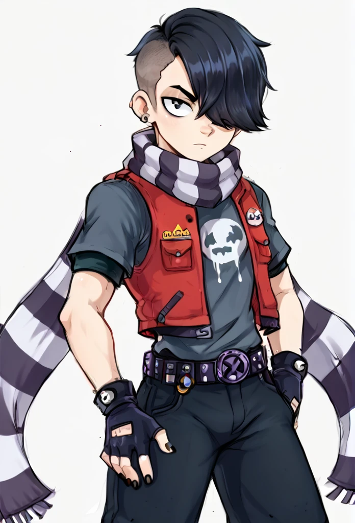 score_9, score_8_up, score_7_up, BREAK,  <lora:bsedgar:1>bsedgar    , 1boy , red vest , short hair , black hair, hair over one eye, ear piercing, solo,striped scarf  grey shirt,  short sleeves, belt , black pants ,black gloves,  looking at viewer,   fingerless gloves, black nails,  <lora:Aer0Zer0_Artist_Style:1>