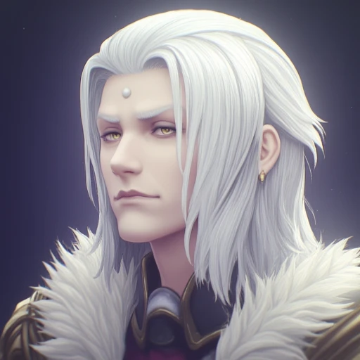 emt_hdes, 1boy, white hair, male focus, solo, long hair, closed mouth, fur trim, portrait