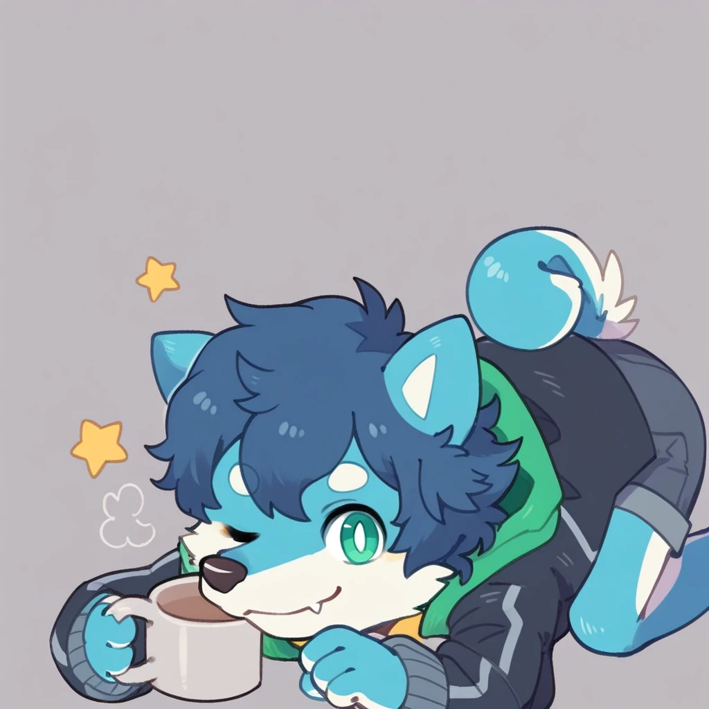 steam, yellow shirt, black jacket, dog ears, star (sky), lying, sitting, short hair, artist name, smile, dog tail, one eye closed, hoodie, hood up, upper body, grey background, solo, animal ears, grey sweater, multiple boys, mug, looking at viewer, green eyes, top-down bottom-up, blue fur, hands up, shorts, fang