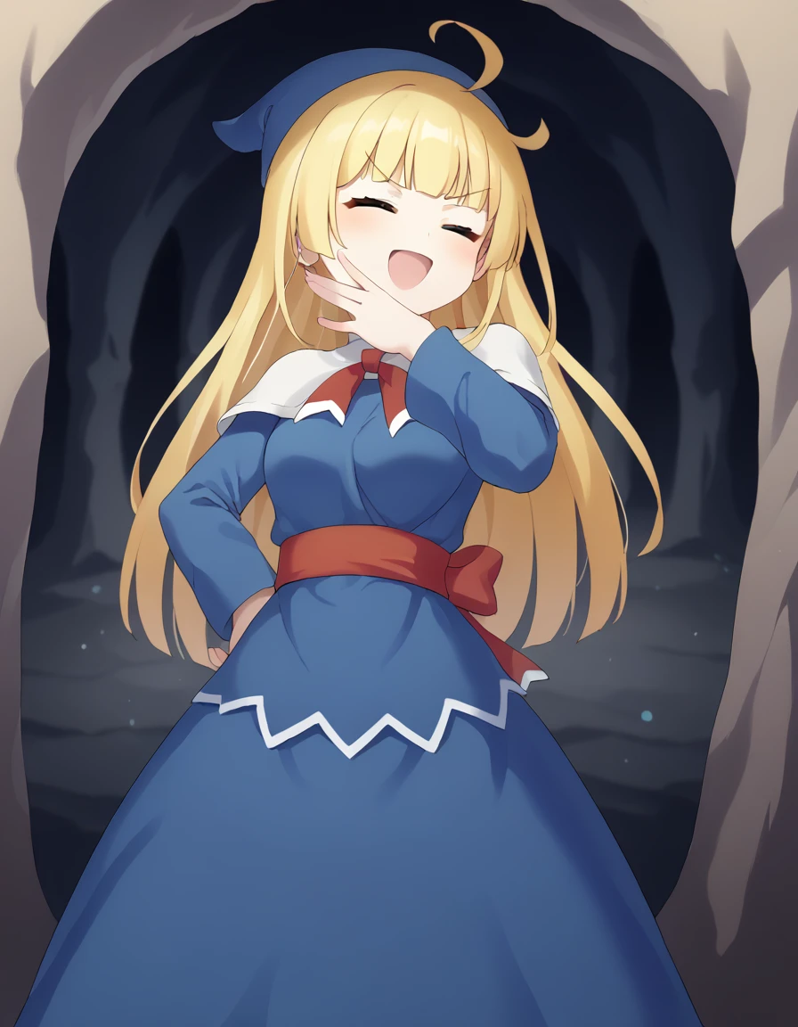 <lora:witchPF_SDXL_pony_fp16_ver04_168-000025:1>,witchPF, 1girl,solo,blonde hair,closed eyes,long hair,blunt bangs,ahoge, blue hat, dress,red sash, capelet,long sleeves,red sash,<lora:ojou-sama_pose _pony:0.9>,ojou-sama_pose,smile, open mouth,looking at viewer,v-shaped eyebrows,hand on own hip, Mysterious cave, score_9, score_8_up, score_7_up, BREAK source_anime, rating_questionable, best quality, masterpiece, uncensored,<lora:pony_good_hands:1>,good_hands ,[pony diffusion V6 is trained by PurpleSmartAI:100]