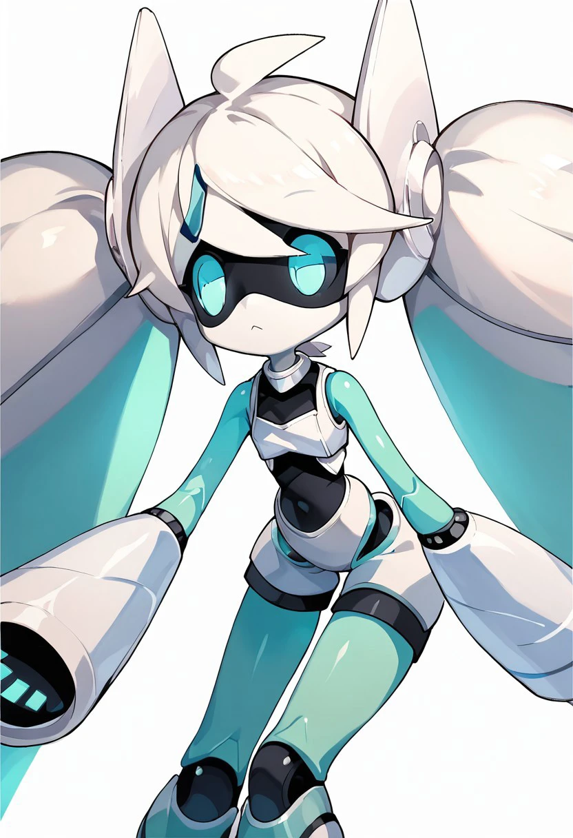 score_9, score_8_up, score_7_up, masterpiece, best quality, White background, 1girl, VoidollNND, Humanoid robot, White hair, white skin, robot, blue eyes, twintails,