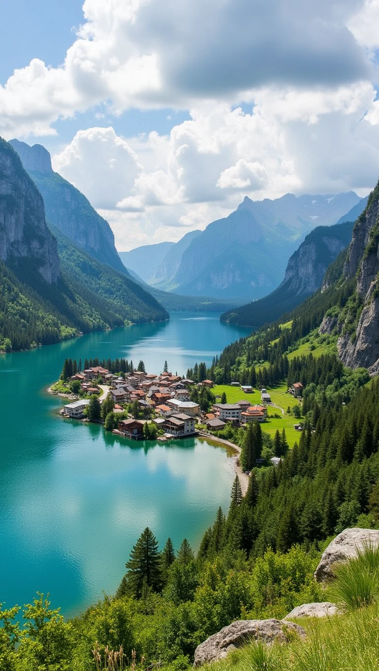 a small town nestled in the middle of a lake surrounded by trees and mountains in the background. The lake is surrounded by lush green grass and plants, and the sky is filled with white, fluffy clouds. The buildings of the town are visible in the foreground, adding to the beauty of the scene
<lora:photo-enhancer10:0.7>