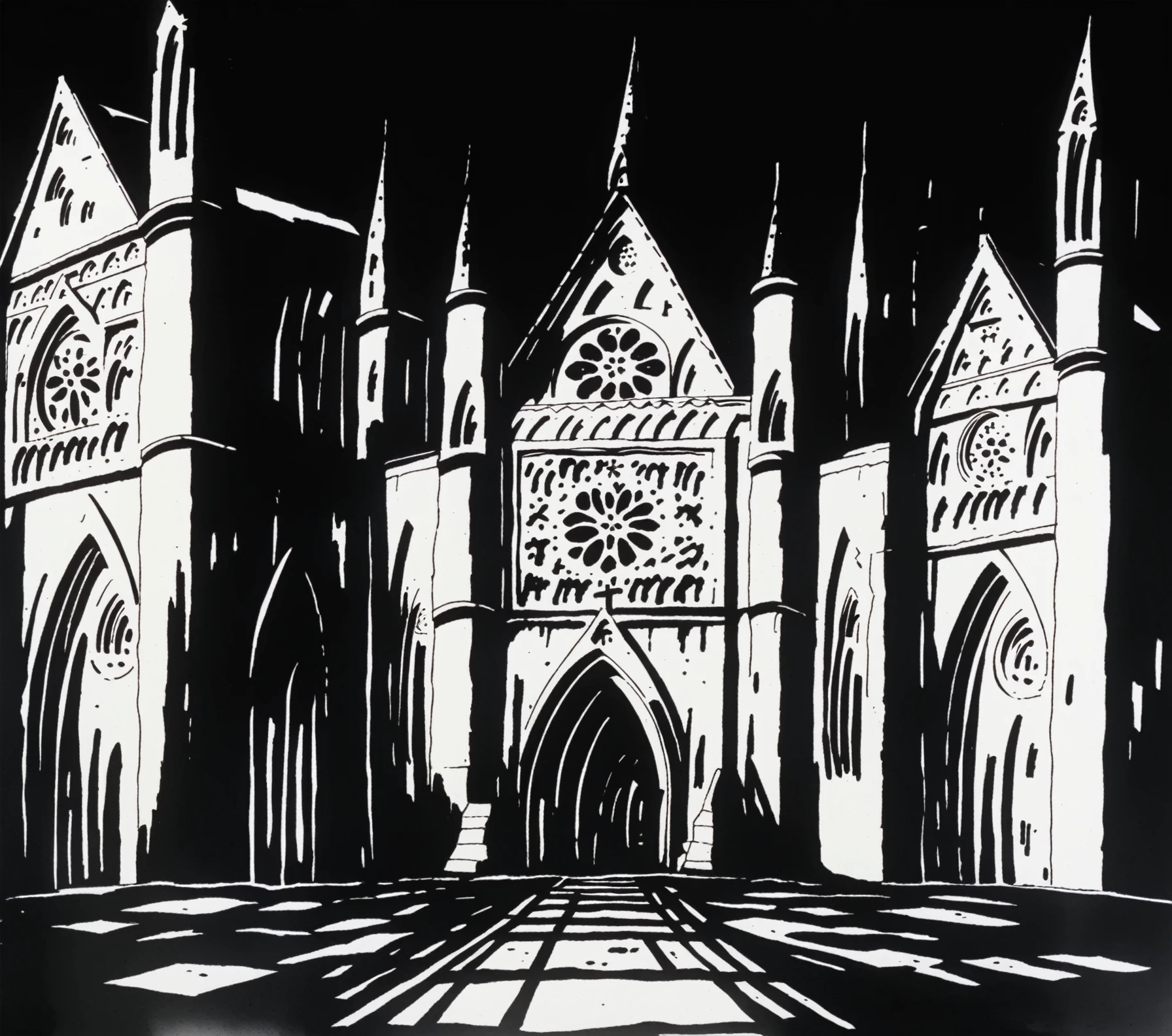 <lora:Belladonna_pony_v1:1>a frame from "Belladonna of Sadness \(1973\)", dreamlike surrealist art piece, ,a black and white drawing of an old church, score_9, score_6_up, score_7_up