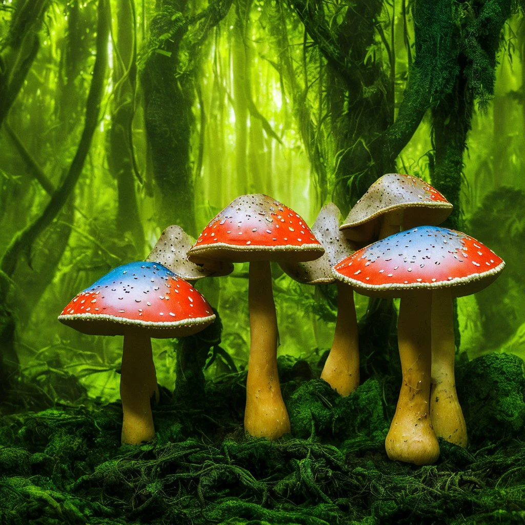 masterpiece, intricate photo, mystic giant mushrooms, background enchanted jungle, photo realistic, highly detailed, sharp focus,  colorful, high resolution, best quality, 8K, <lora:realmushroom_v10:1>