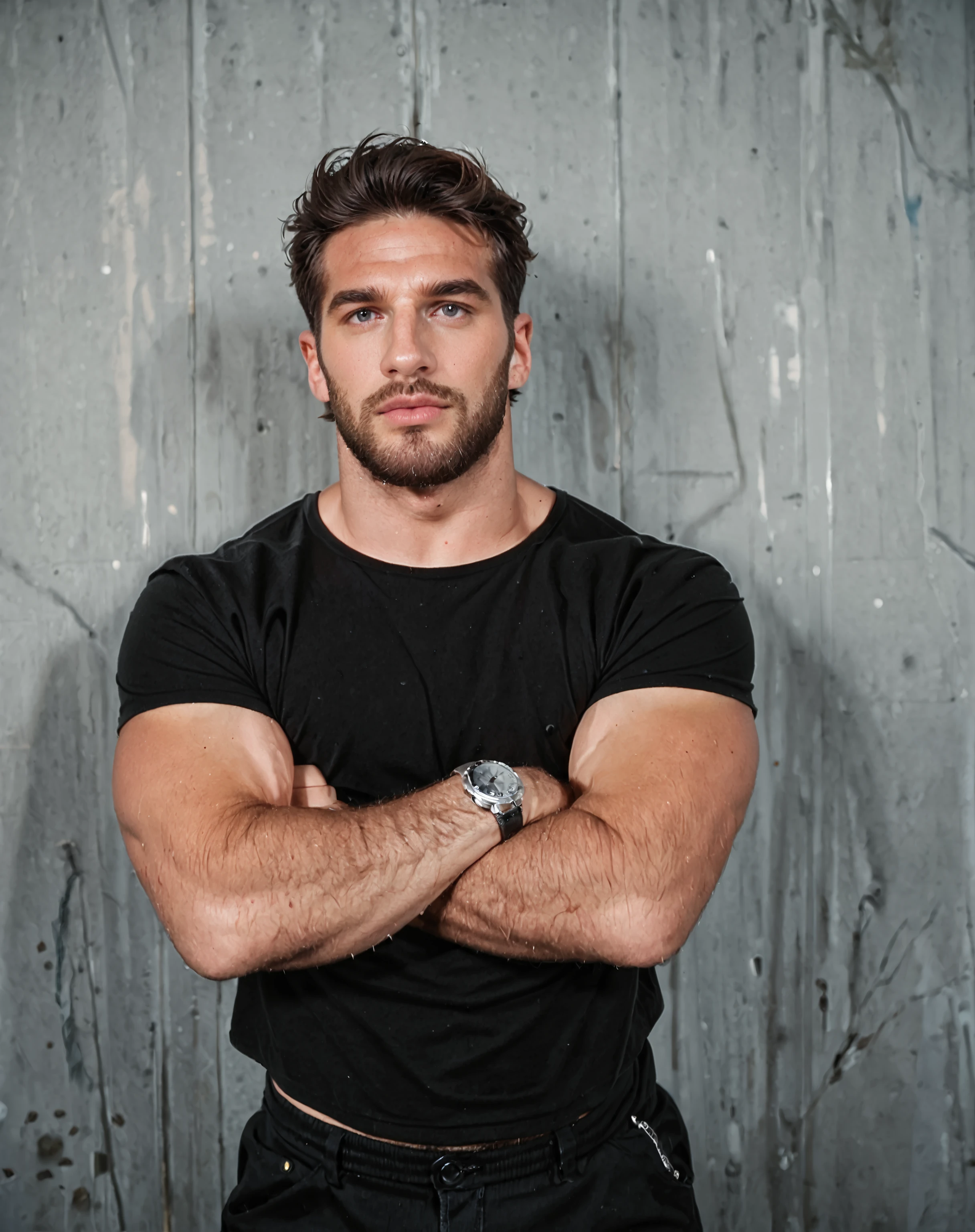 score_9, score_8_up, score_7_up, BREAK, alvise rigo, 1boy, male focus, facial hair, beard, shirt, crossed arms, arm hair, pants, photo background, solo, black shirt, black pants, short hair, looking at viewer, black hair, watch, muscular male, bara, muscular, t-shirt, (realistic:1.2)