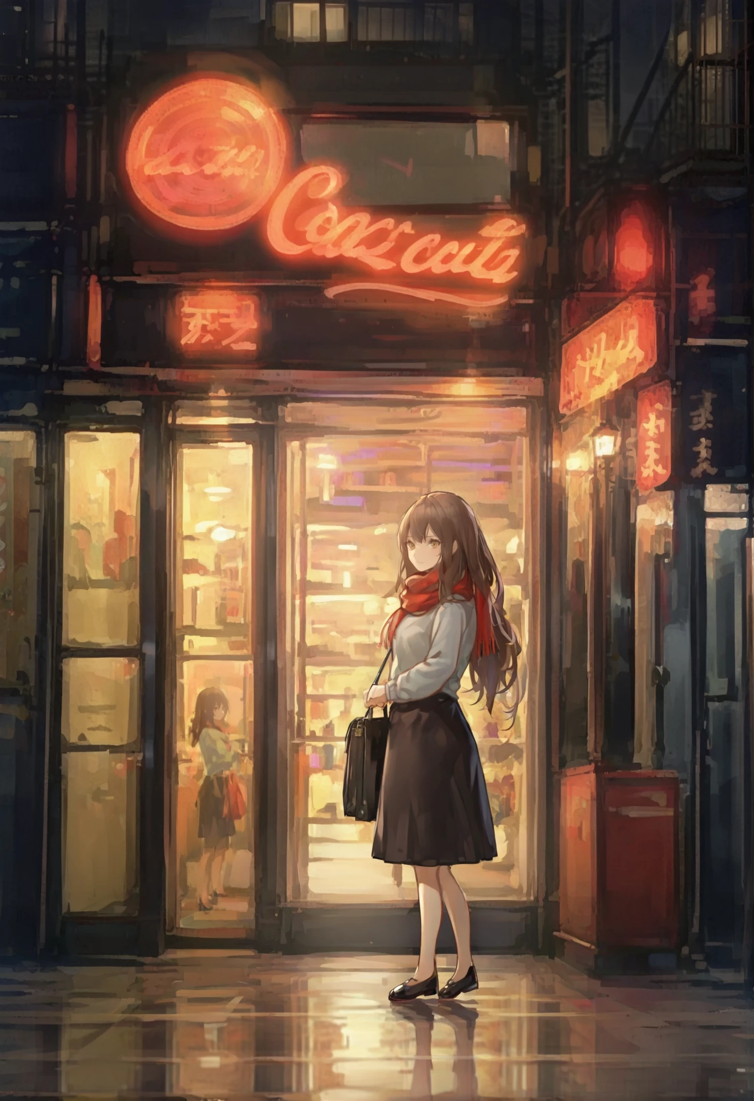 masterpiece, best quality, 1girl, solo, bag, reflection, outdoors, long hair, skirt, building, sky, city, brown hair, scenery, looking at viewer, holding, shoes, night, water, holding bag, black footwear, sweater, black skirt, scarf, cityscape, brown eyes, long sleeves, walking 
 <lora:joezunzunXLlokr4f-000179:0.95>