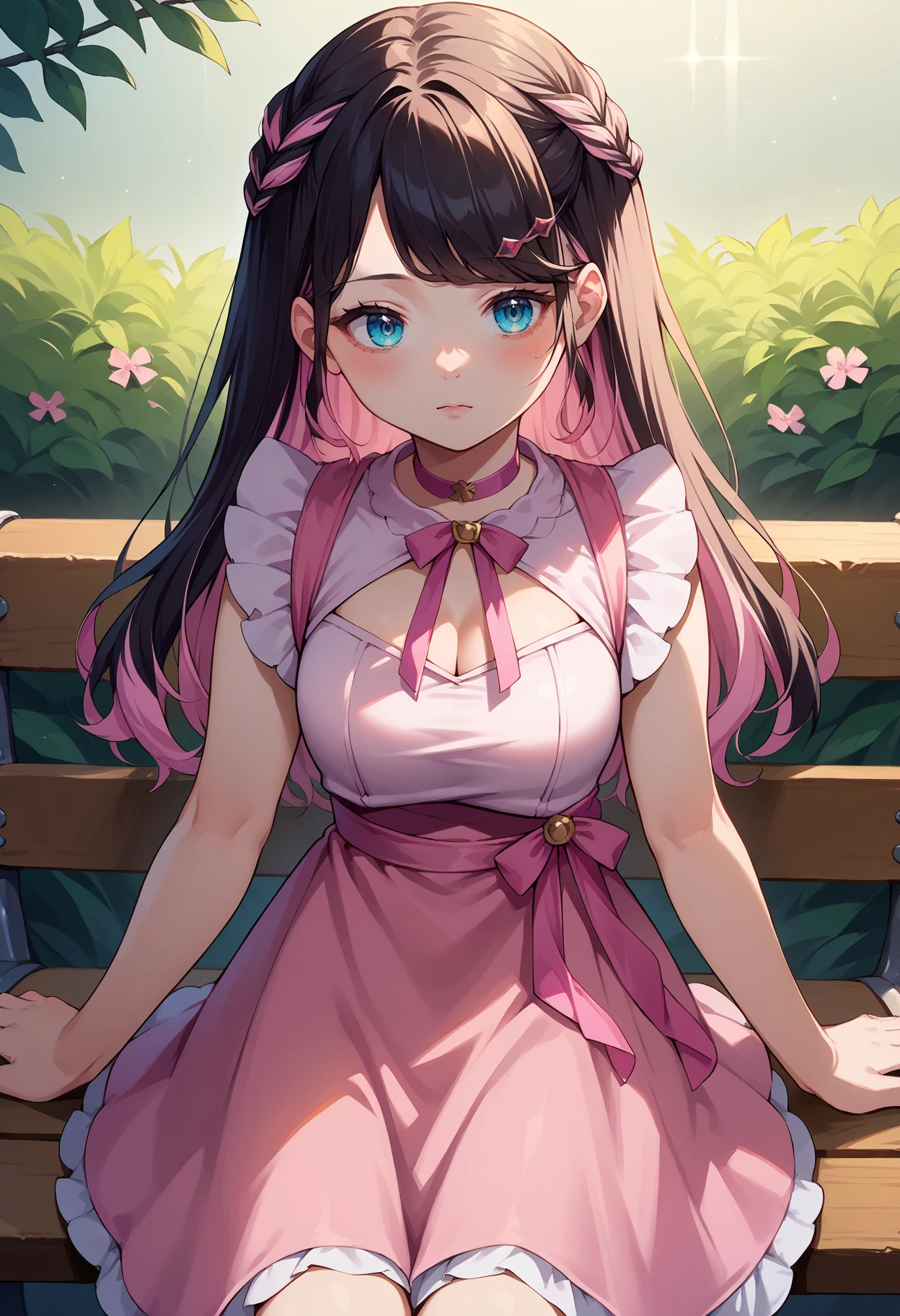 score_9, score_8_up, source_anime, 1girl, solo, NazunaCas, blue eyes, multicolored hair, black hair, pink hair, long hair, braid, hairclip, pink choker, pink dress, pink neck ribbon, short sleeves, frilled sleeves, cleavage cutout, pink waist ribbon, ribbon belt, outdoors, sitting, on bench, <lora:ChamNazunaKagaPonyXL:1>