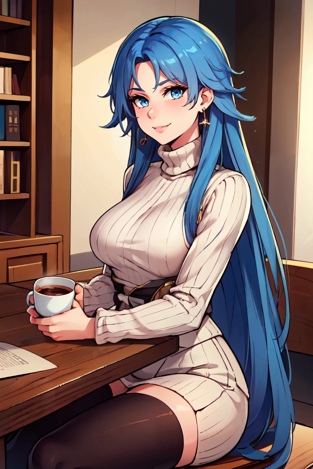 ((masterpiece,best quality)), absurdres,  BREAK, , <lora:Belorussiya_Azurlane:0.8>,  zzBelorussiya, blue hair, long hair, blue eyes, very long hair, bangs, parted bangs, , BREAK, turtleneck sweater, earrings, library, cup of coffee, sitting at table, BREAK, solo, smile, looking at viewer, cowboy shot,