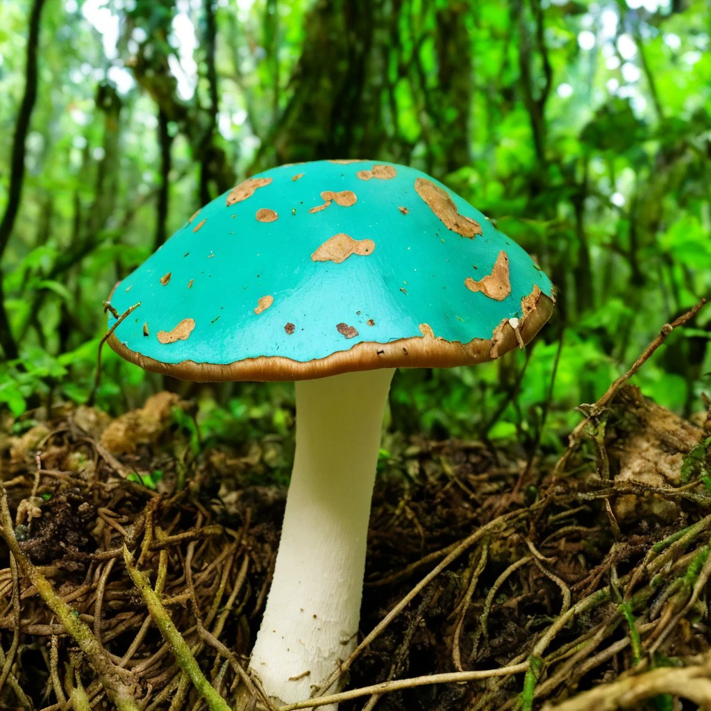 mushroom with turquoise cap, background jungle, <lora:realmushroom_v10:1>