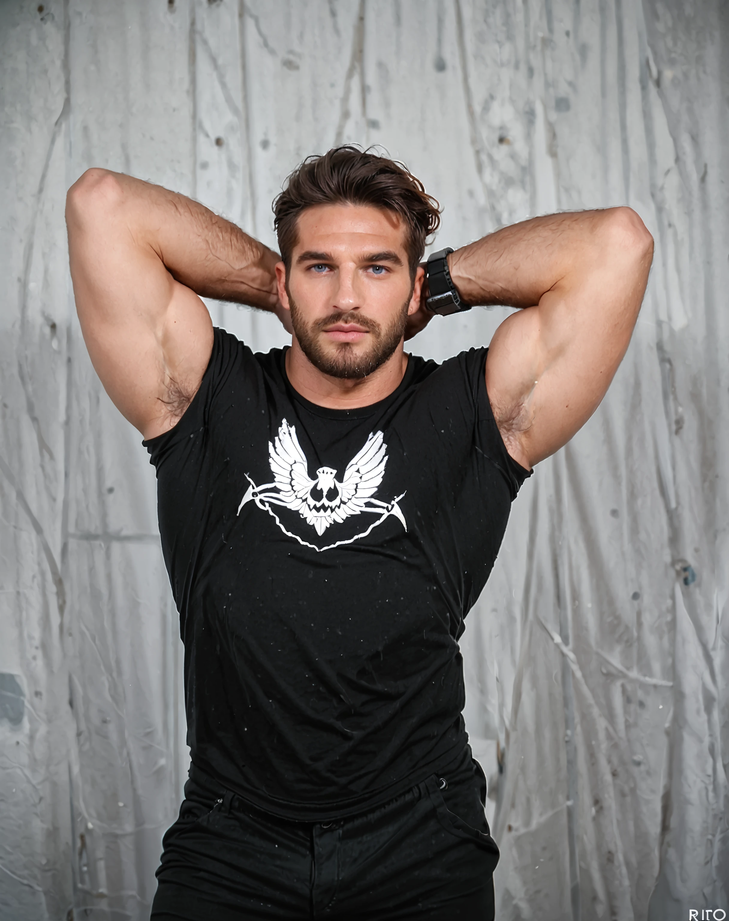 score_9, score_8_up, score_7_up, BREAK, alvise rigo, 1boy, male focus, facial hair, beard, shirt, big biceps, hands behind head, armpit hair, arm hair, pants, photo background, solo, black shirt, black pants, short hair, looking at viewer, black hair, watch, muscular male, bara, muscular, t-shirt, (realistic:1.2)