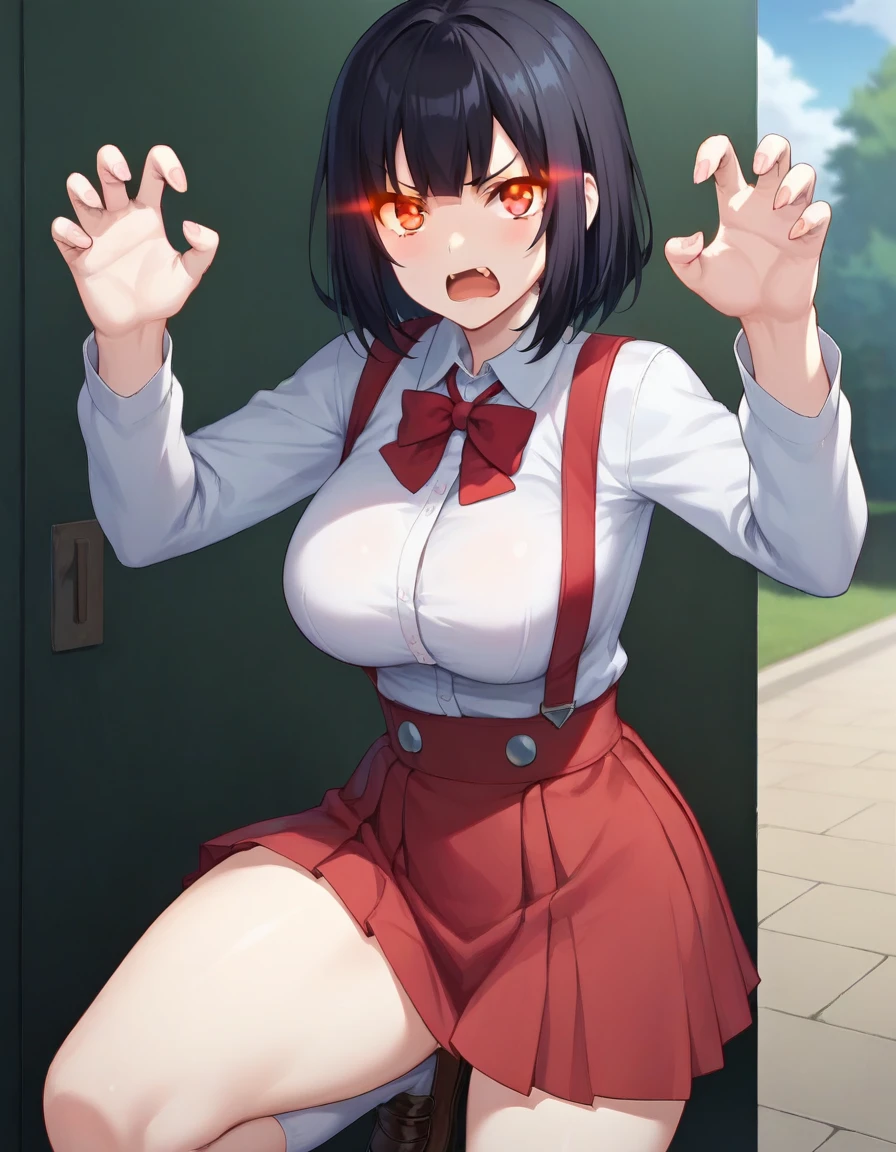score_9,score_8_up,score_7_up,score_6_up BREAK official art,solo,outdoors,cowboy shot,looking at viewer,facing viewer,angry,frown,pale skin,Hiraki Hanako,short hair,black hair,bangs,glowing eyes,red eyes,open mouth,fangs,school uniform,collared shirt,white shirt,long sleeves,claw pose,large breasts,high-waist skirt,suspenders,red skirt,thick thighs,white socks,loafers,<lora:Hiraki Hanako(th vs se)-Pony:1.3>,<lora:Smooth Anime Style LoRA XL:0.8>,