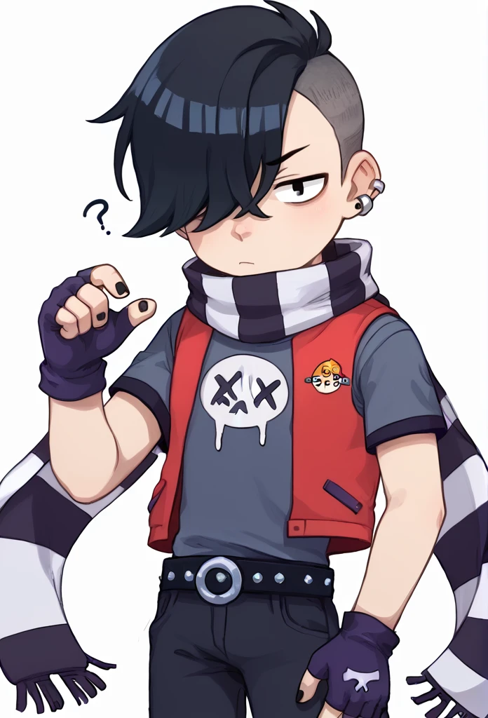 score_9, score_8_up, score_7_up, BREAK,  <lora:bsedgar:1>bsedgar    , 1boy , red vest , short hair , black hair, hair over one eye, ear piercing, solo,striped scarf  grey shirt,  short sleeves, belt , black pants ,black gloves,  looking at viewer,   fingerless gloves, black nails,  <lora:PossumMachine:1>posmach   ,confused,